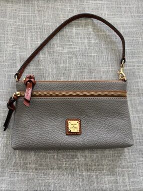 Dooney & Bourke Grey Pebbled Leather Wristlet with Brown Strap NWT